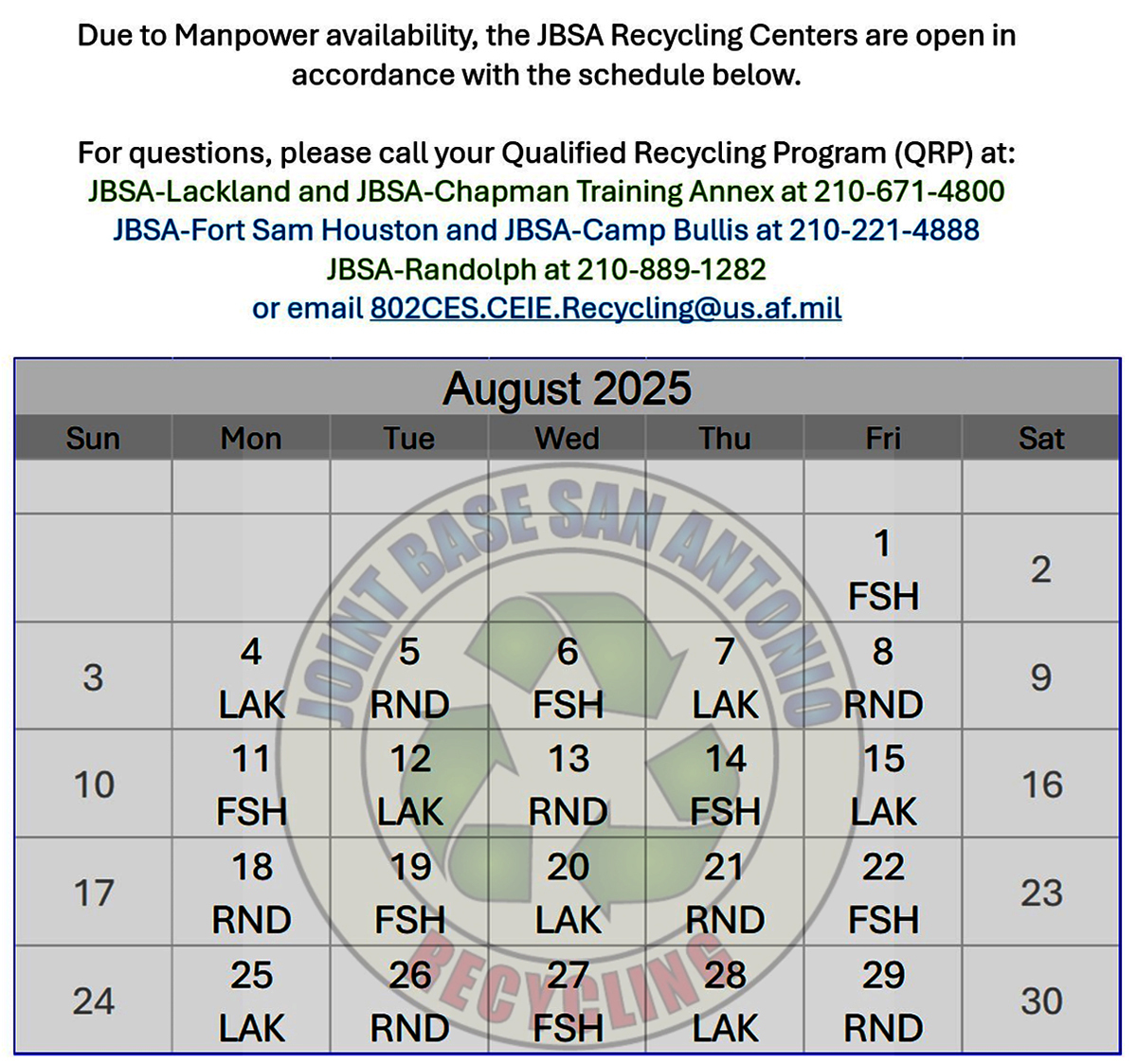 Recycle schedule Aug 25